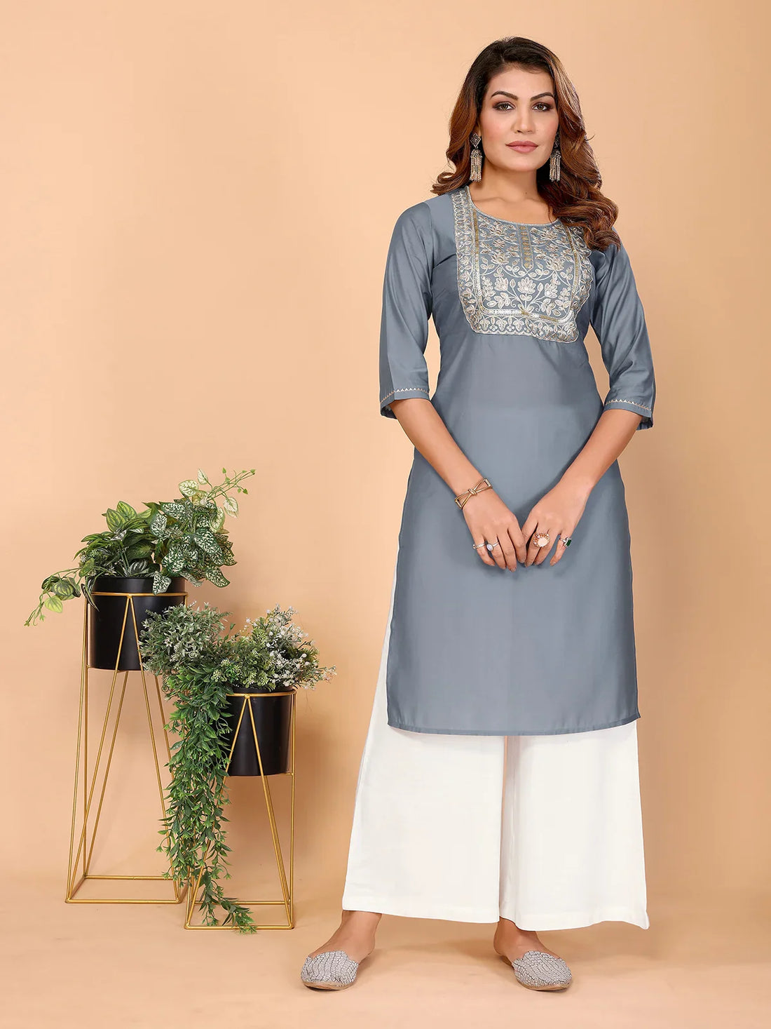 Buy Viscose Poly Embroidered Straight Calf Length Kurta-Grey