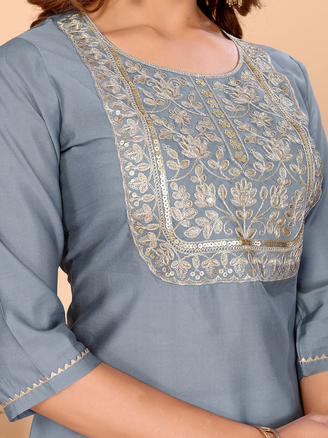Buy Viscose Poly Embroidered Straight Calf Length Kurta-Grey