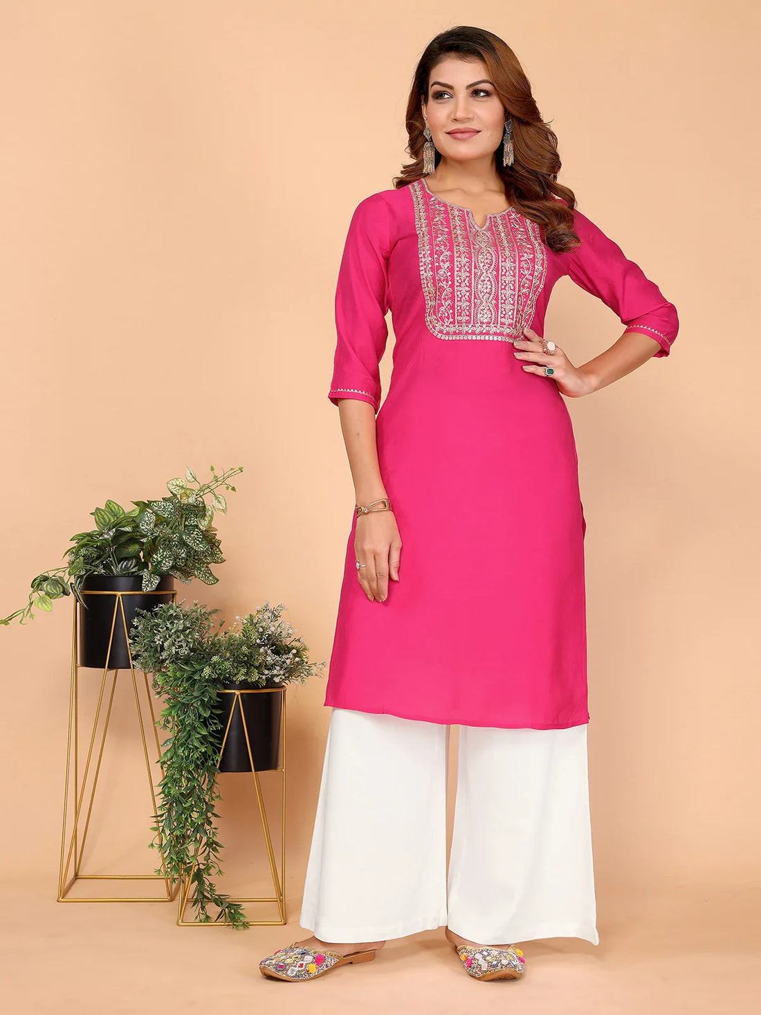 Buy Viscose Poly Embroidered Straight Calf Length Kurta-Fuchsia