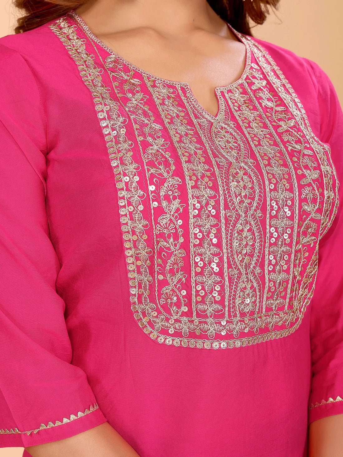 Buy Viscose Poly Embroidered Straight Calf Length Kurta-Fuchsia