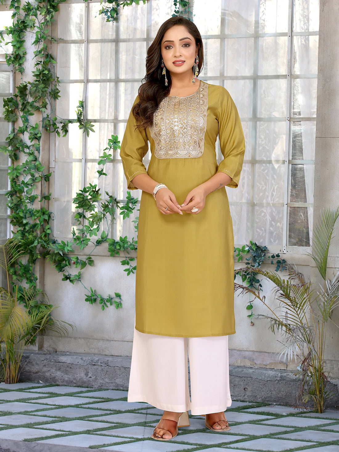 Buy Viscose Blend Embroidered Straight Calf Length Kurta-Mustard