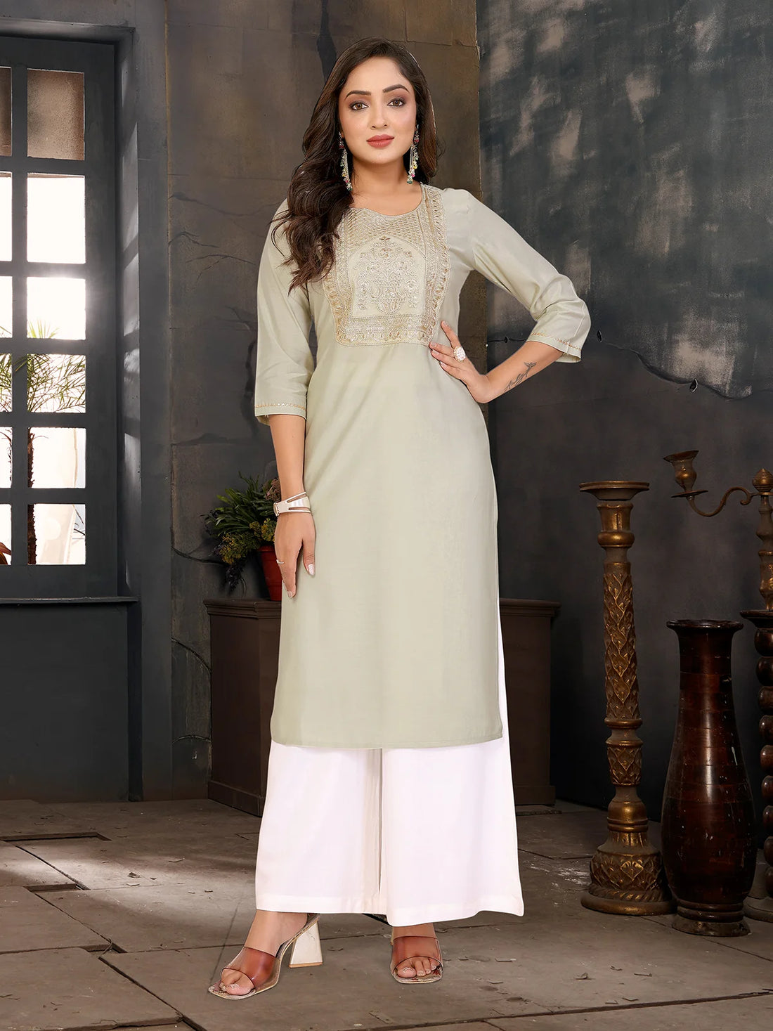 Buy Viscose Blend Embroidered Straight Calf Length Kurta-Light Green