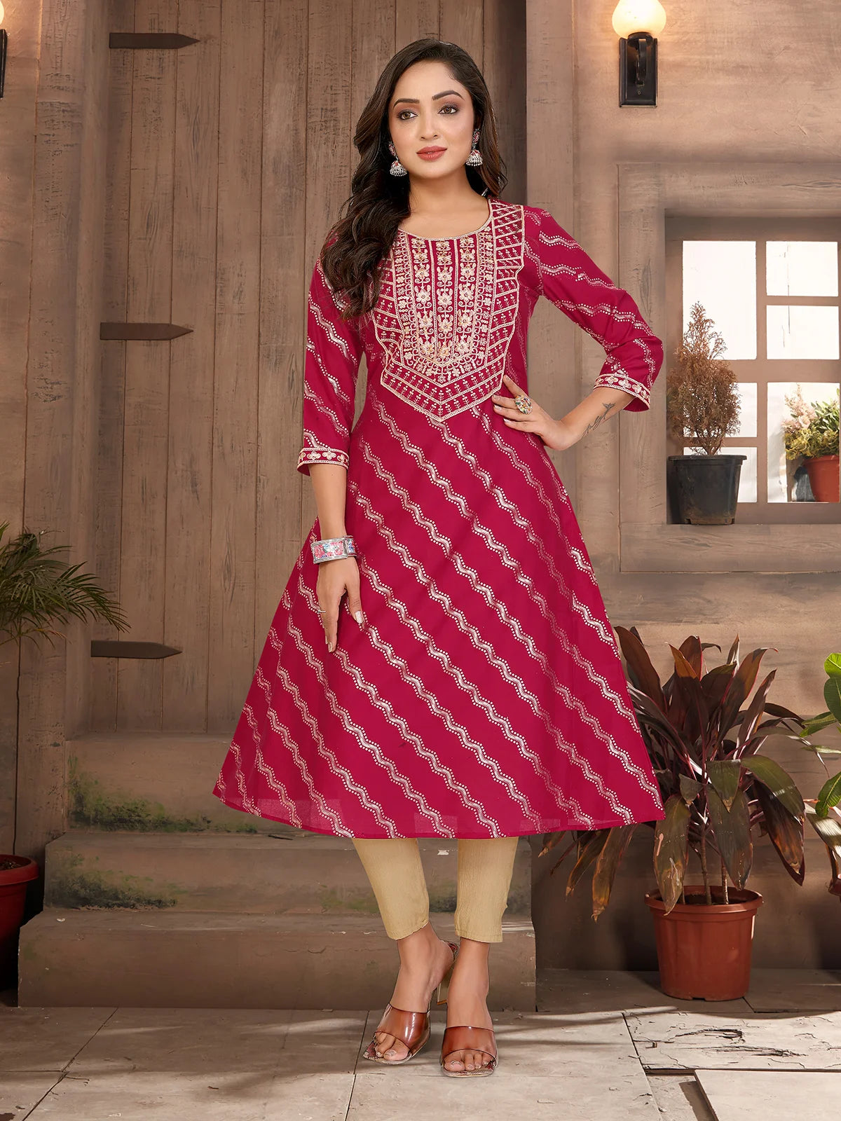 Buy Viscose Blend Embroide A-line Calf Length Kurta-Red