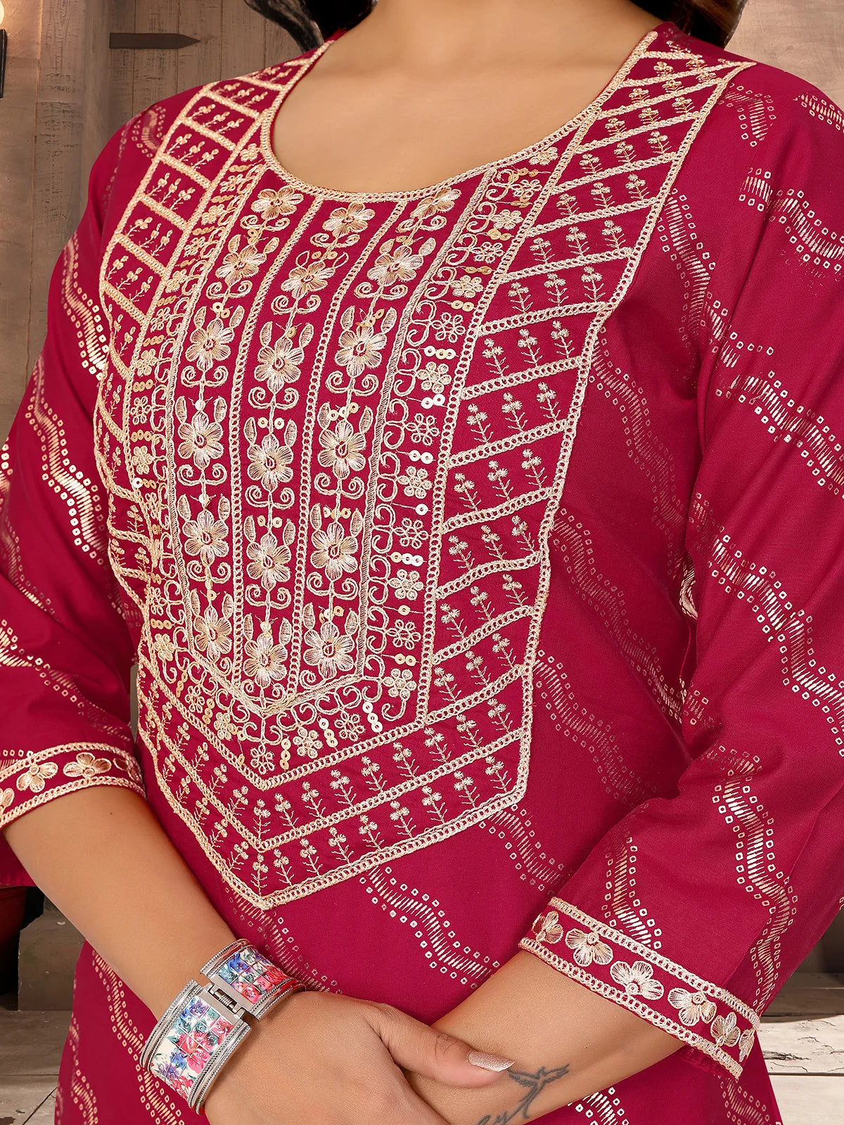 Buy Viscose Blend Embroide A-line Calf Length Kurta-Red