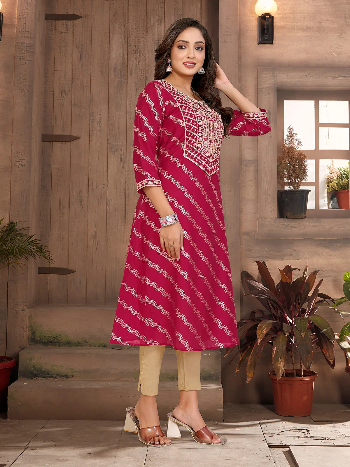 Buy Viscose Blend Embroide A-line Calf Length Kurta-Red