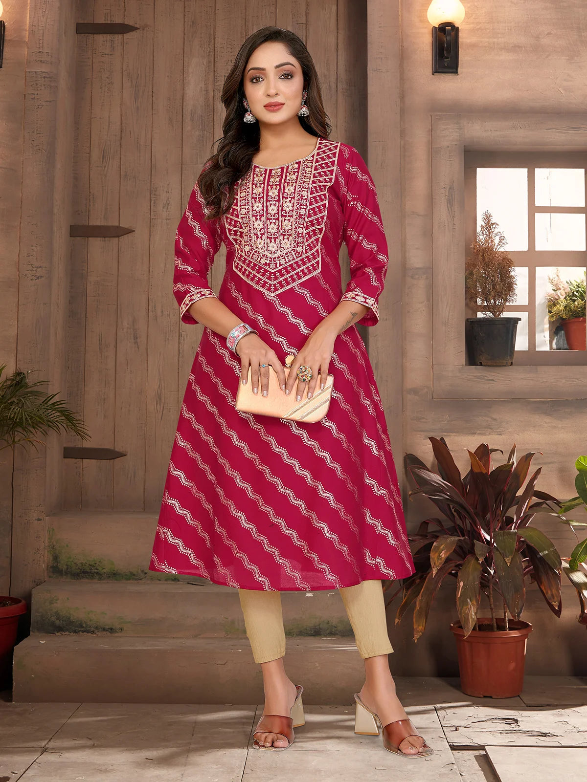 Buy Viscose Blend Embroide A-line Calf Length Kurta-Red