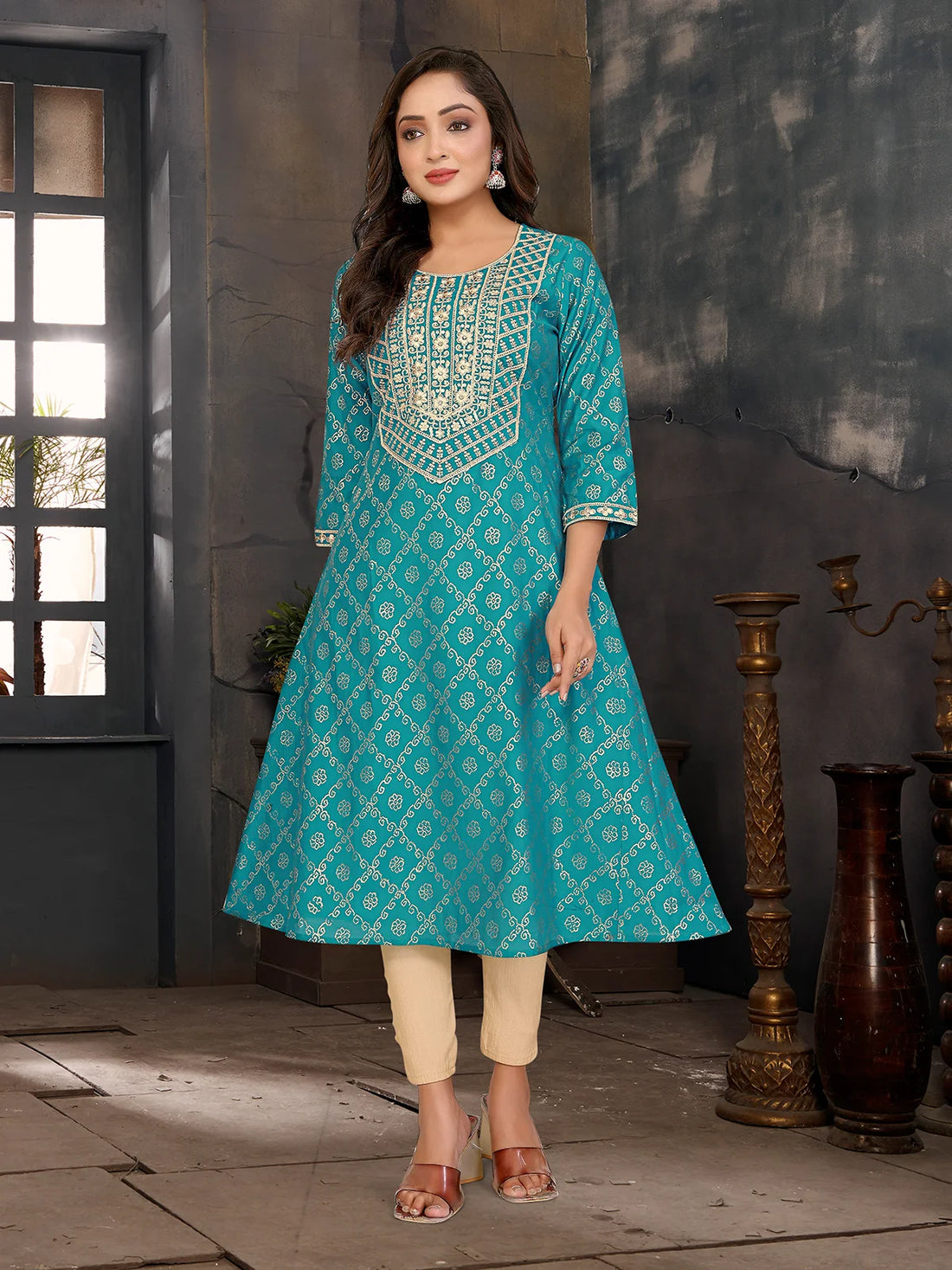 Buy Viscose Blend Embroidered A-line Calf Length Kurta-Teal