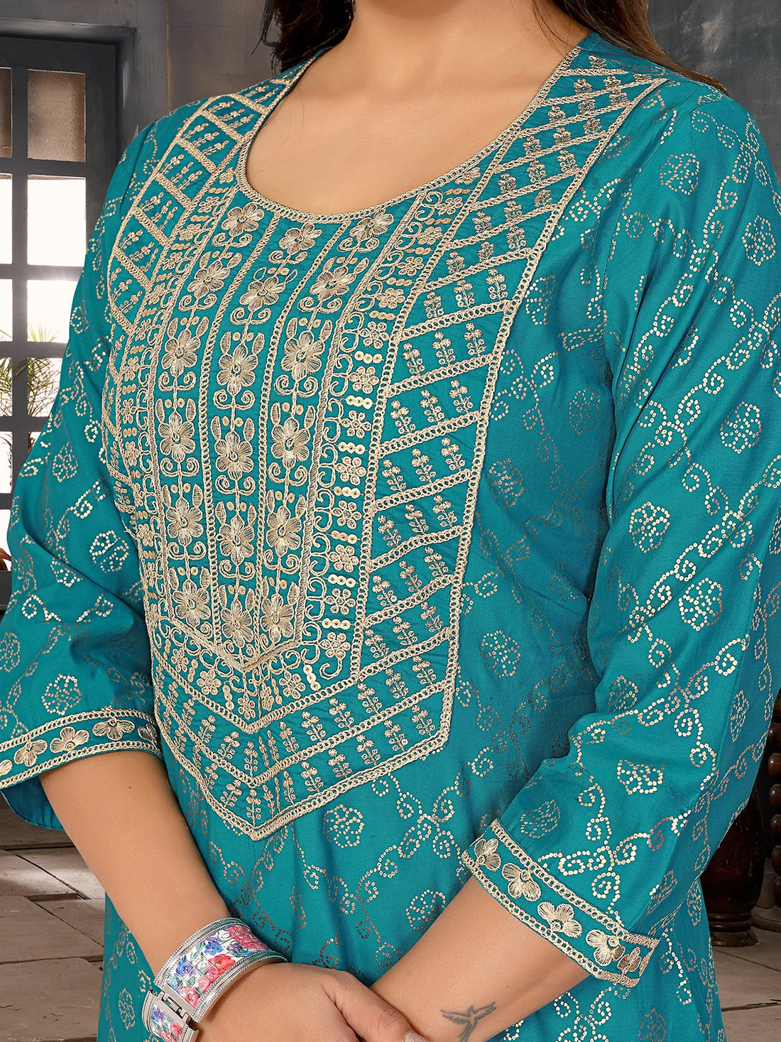 Buy Viscose Blend Embroidered A-line Calf Length Kurta-Teal