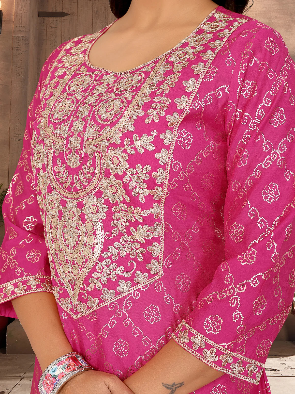 Buy Viscose Blend Embroidered A-line Calf Length Kurta-Fuchsia