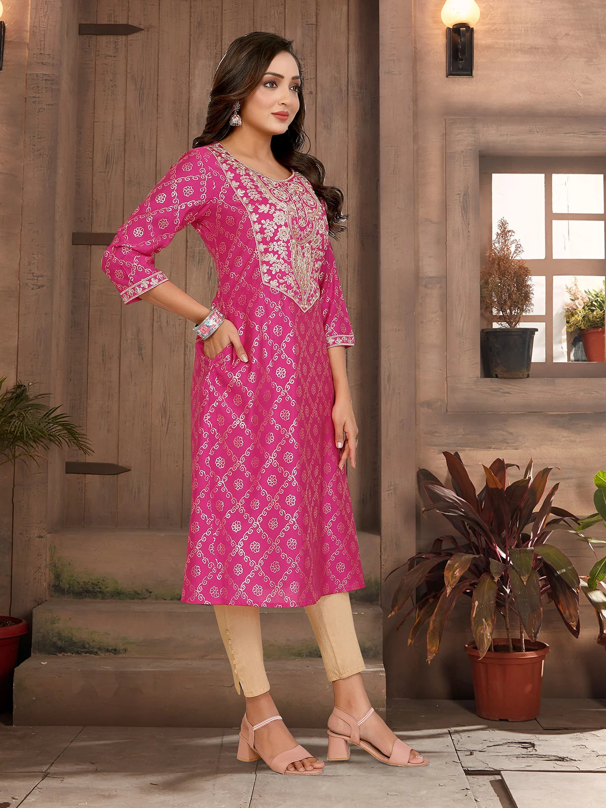 Buy Viscose Blend Embroidered A-line Calf Length Kurta-Fuchsia