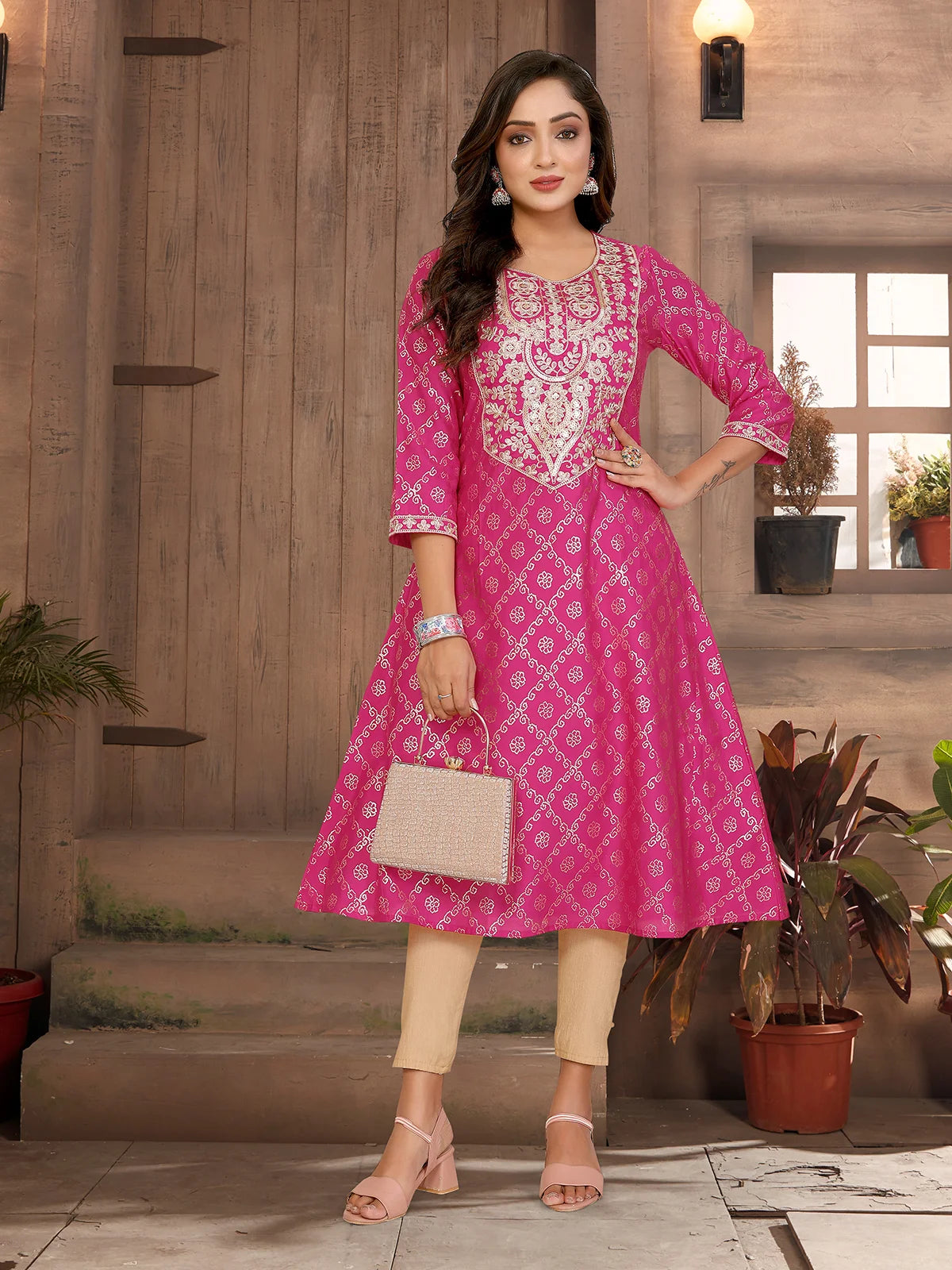 Buy Viscose Blend Embroidered A-line Calf Length Kurta-Fuchsia