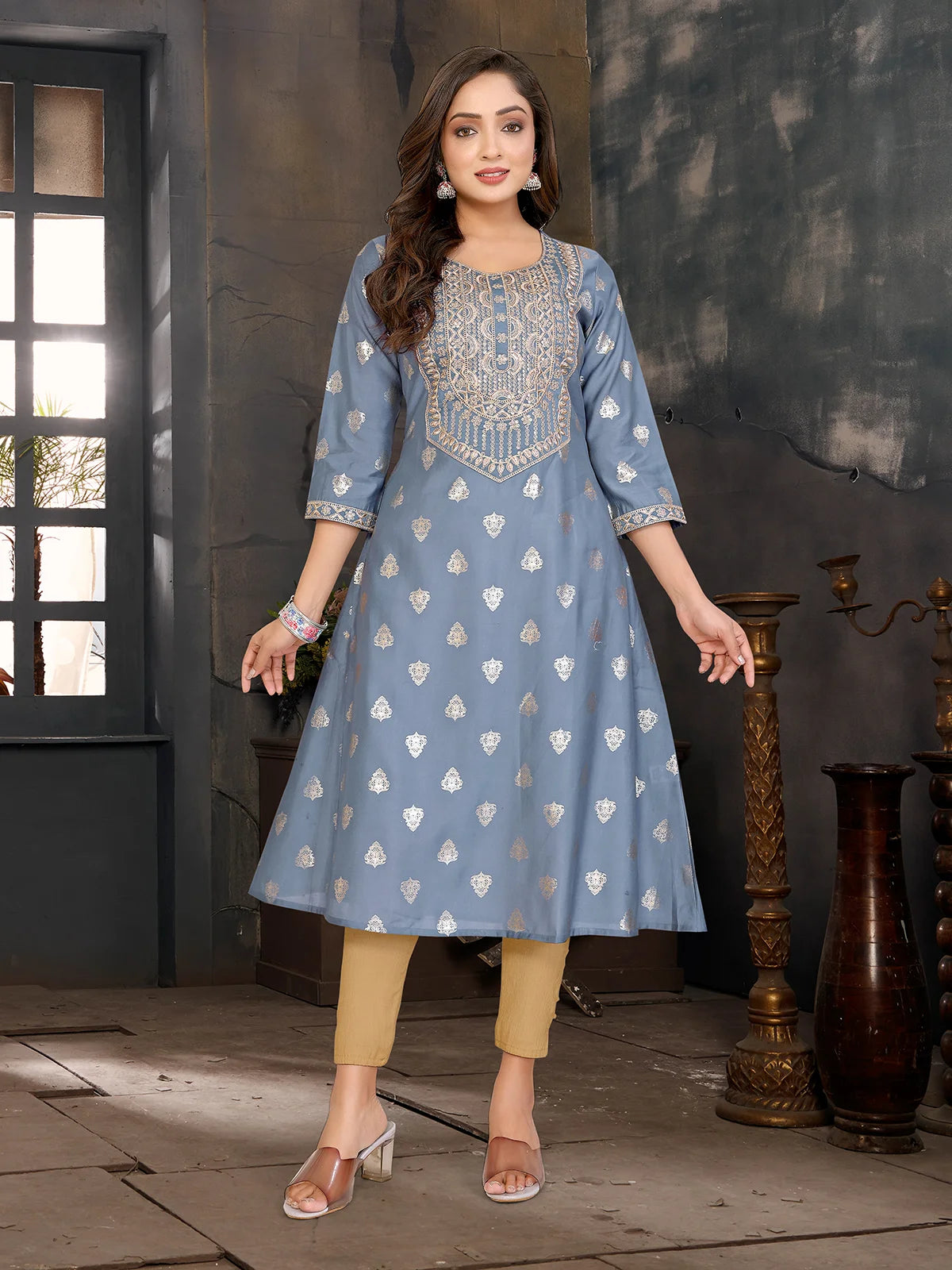 Buy Viscose Blend Embroidered A-line Calf Length Kurta-Grey