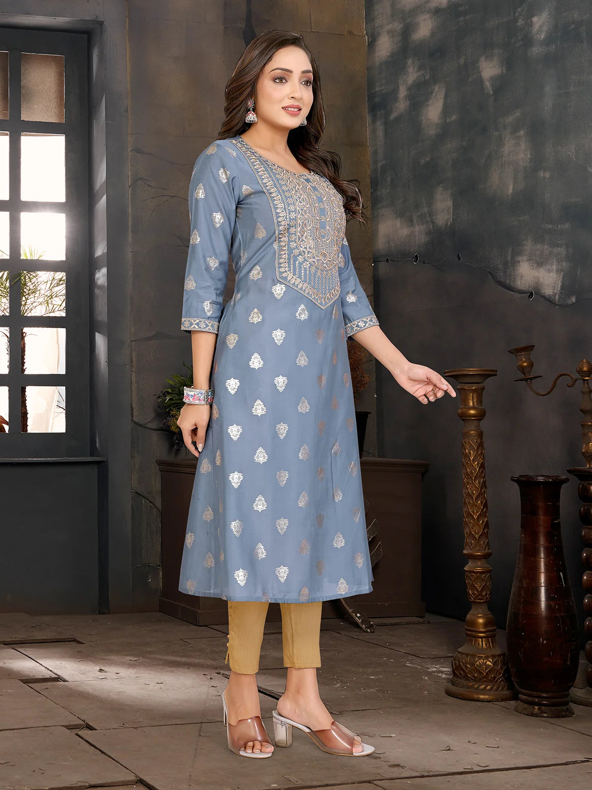Buy Viscose Blend Embroidered A-line Calf Length Kurta-Grey