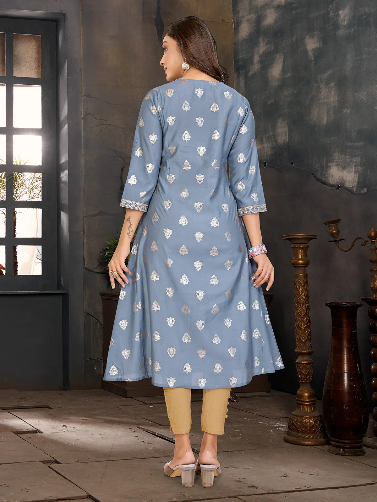 Buy Viscose Blend Embroidered A-line Calf Length Kurta-Grey