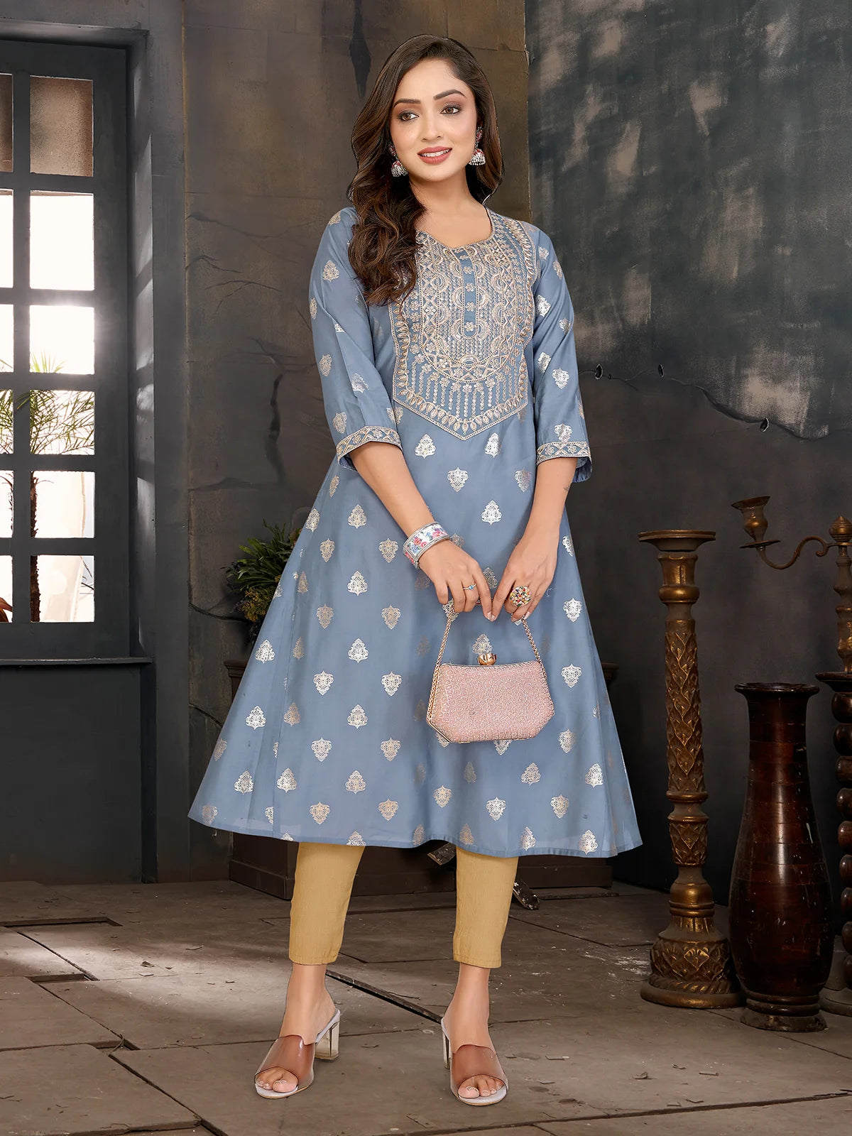 Buy Viscose Blend Embroidered A-line Calf Length Kurta-Grey