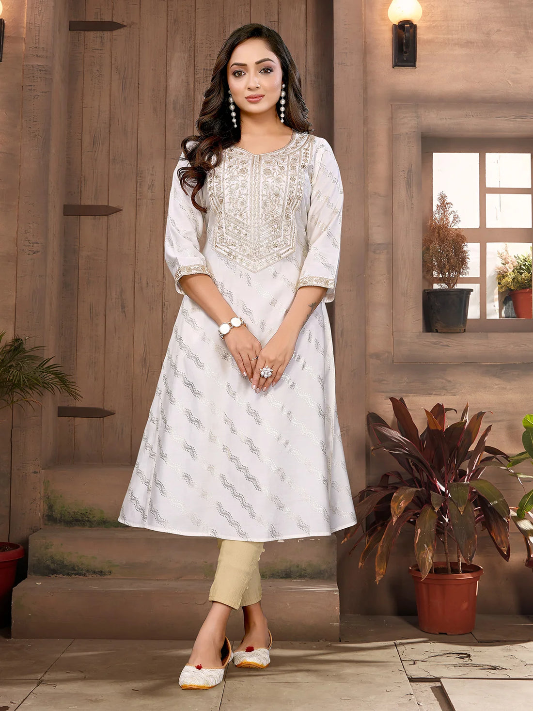 Buy Viscose Blend Embroidered A-line Calf Length Kurta-Off White