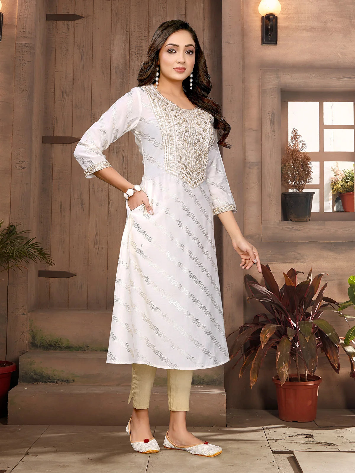 Buy Viscose Blend Embroidered A-line Calf Length Kurta-Off White