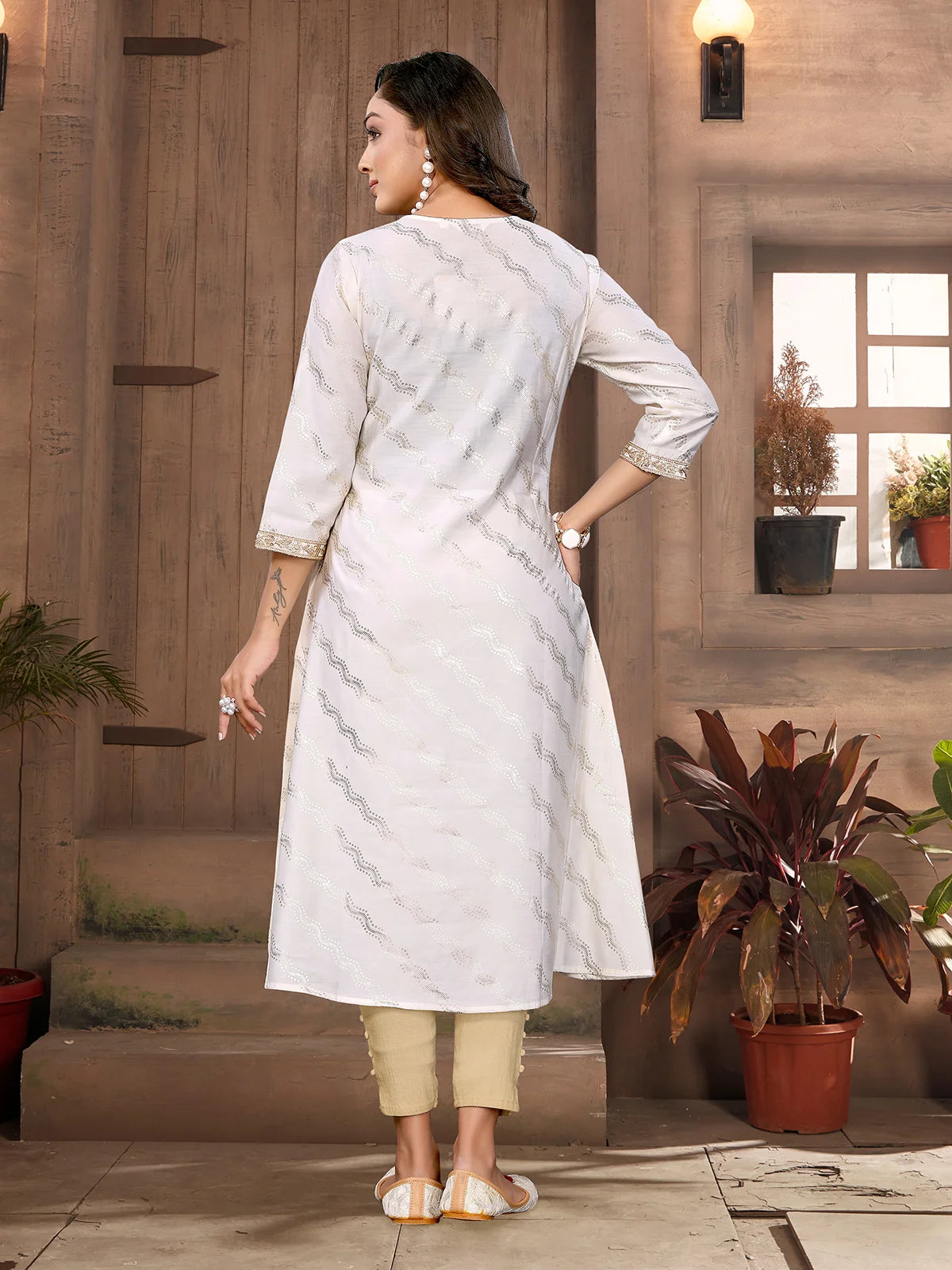 Buy Viscose Blend Embroidered A-line Calf Length Kurta-Off White