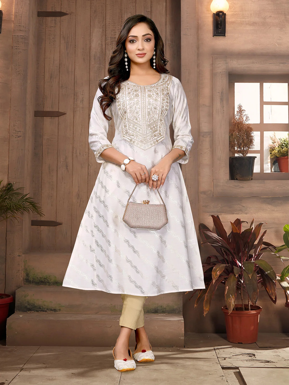 Buy Viscose Blend Embroidered A-line Calf Length Kurta-Off White