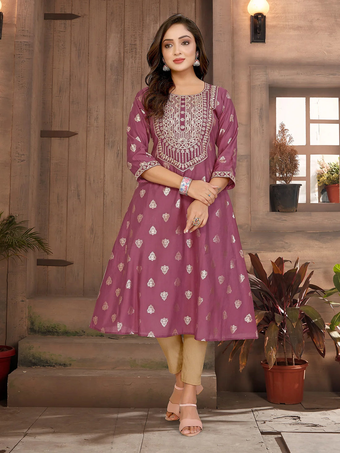 Buy Viscose Blend Embroidered A-line Calf Length Kurta-Mauve