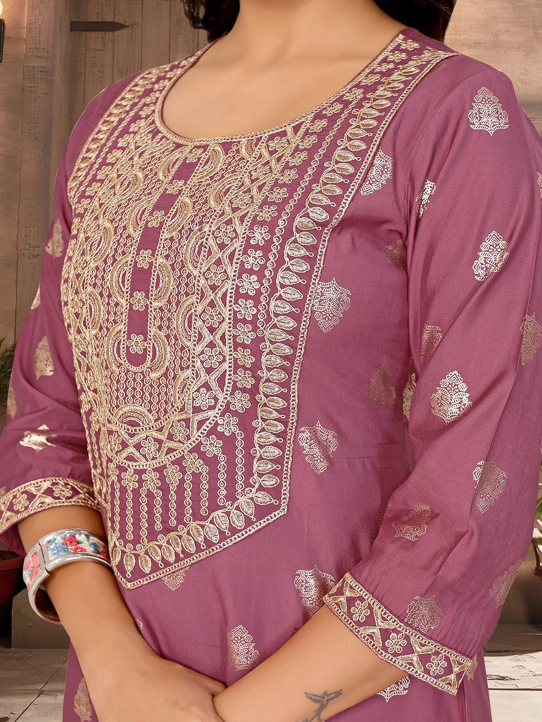 Buy Viscose Blend Embroidered A-line Calf Length Kurta-Mauve