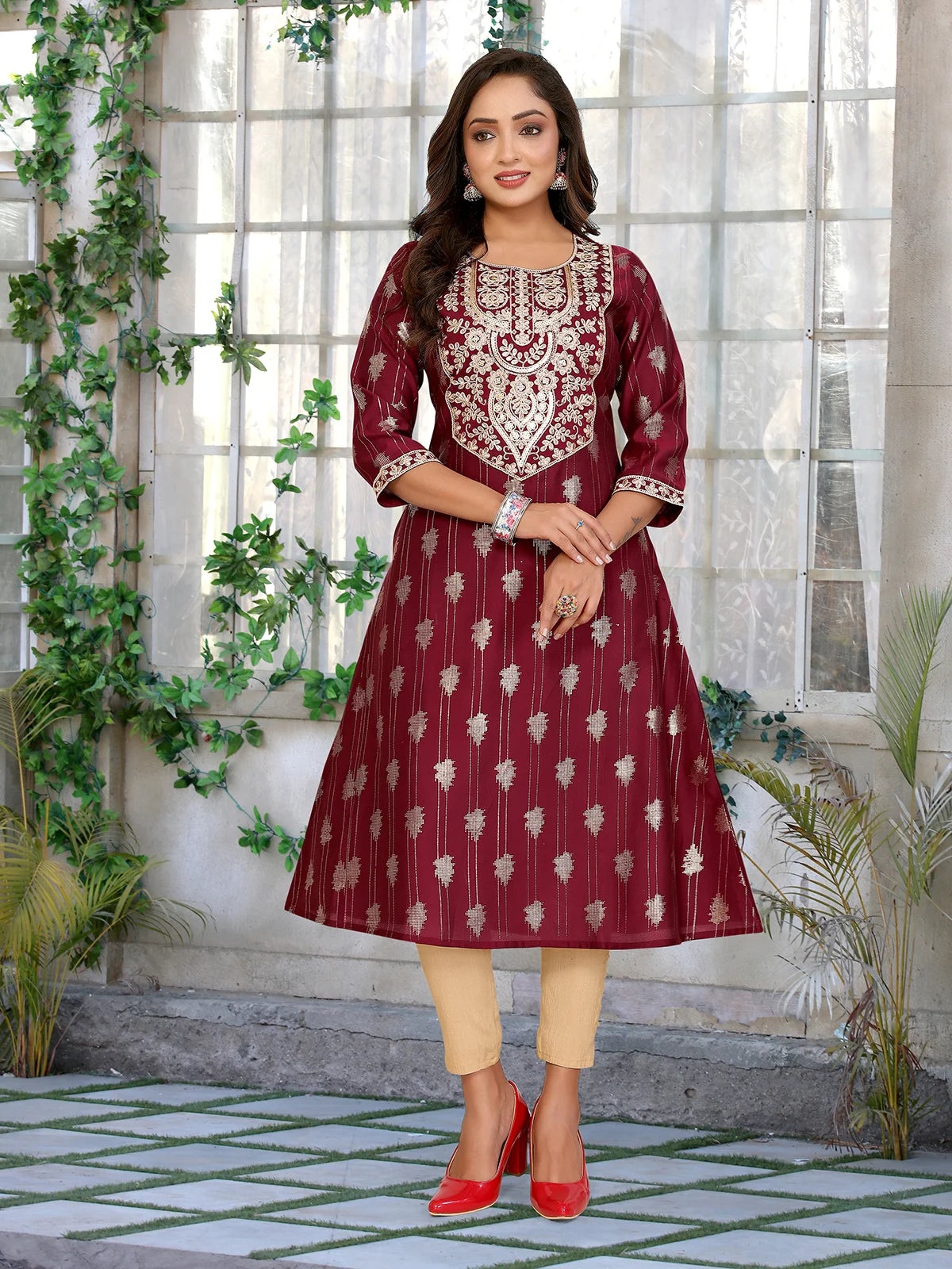 Buy Viscose Blend Embroidered A-line Calf Length Kurta-Maroon