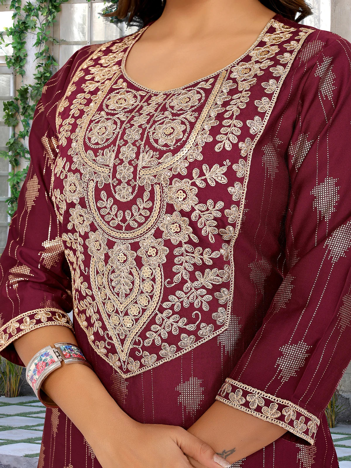 Buy Viscose Blend Embroidered A-line Calf Length Kurta-Maroon