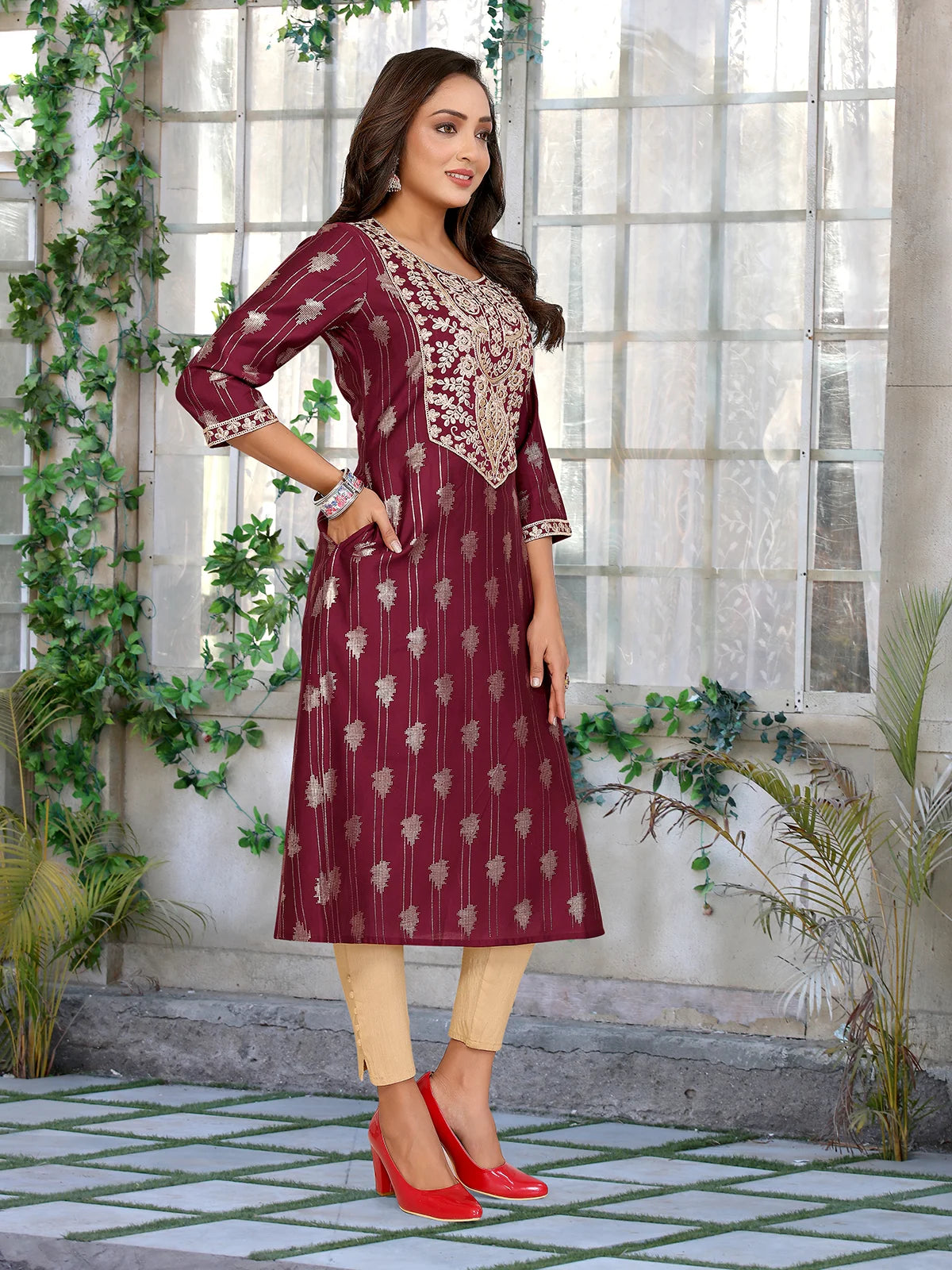 Buy Viscose Blend Embroidered A-line Calf Length Kurta-Maroon