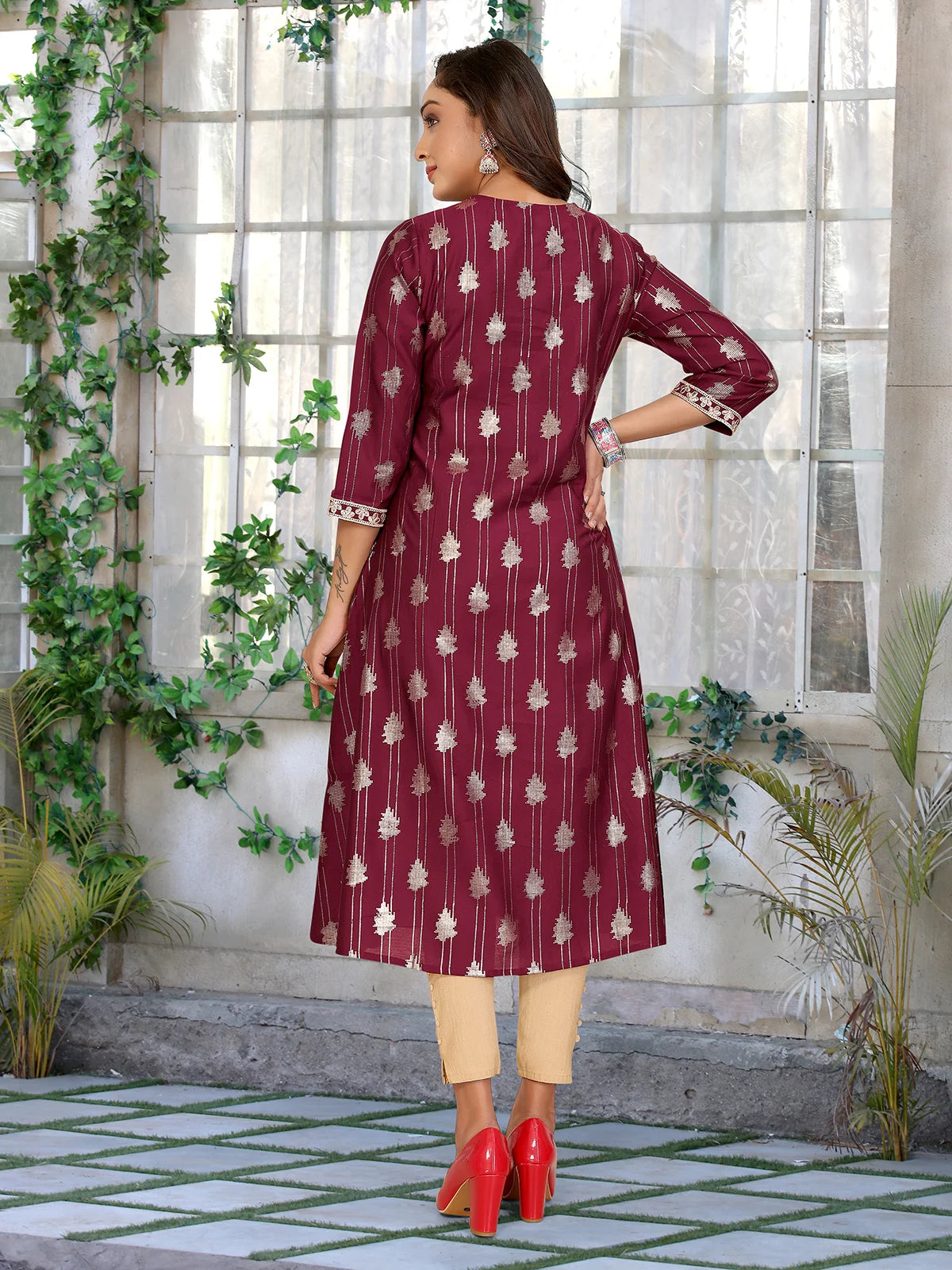 Buy Viscose Blend Embroidered A-line Calf Length Kurta-Maroon
