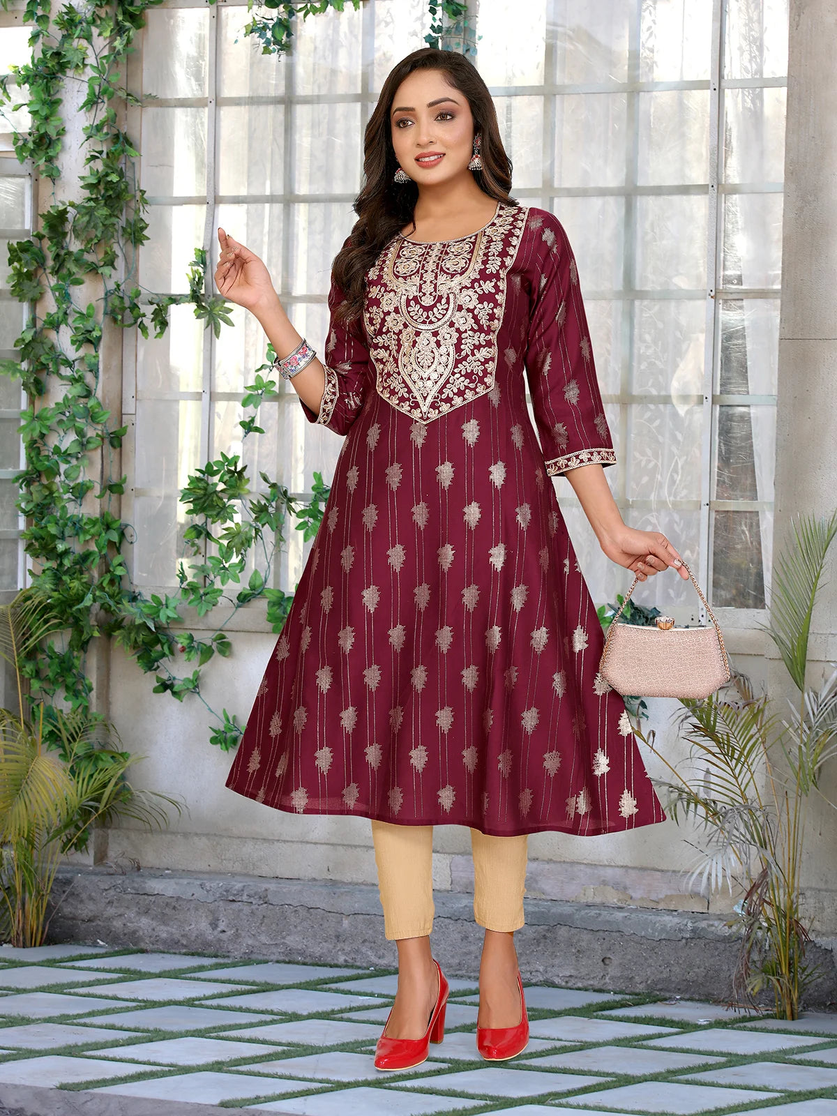 Buy Viscose Blend Embroidered A-line Calf Length Kurta-Maroon