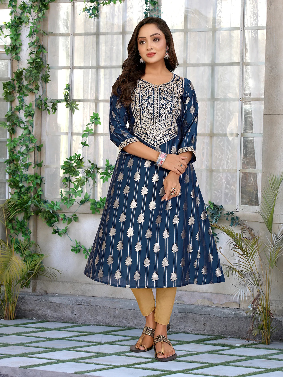 Buy Viscose Blend Embroidered A-line Calf Length Kurta-Navy Blue