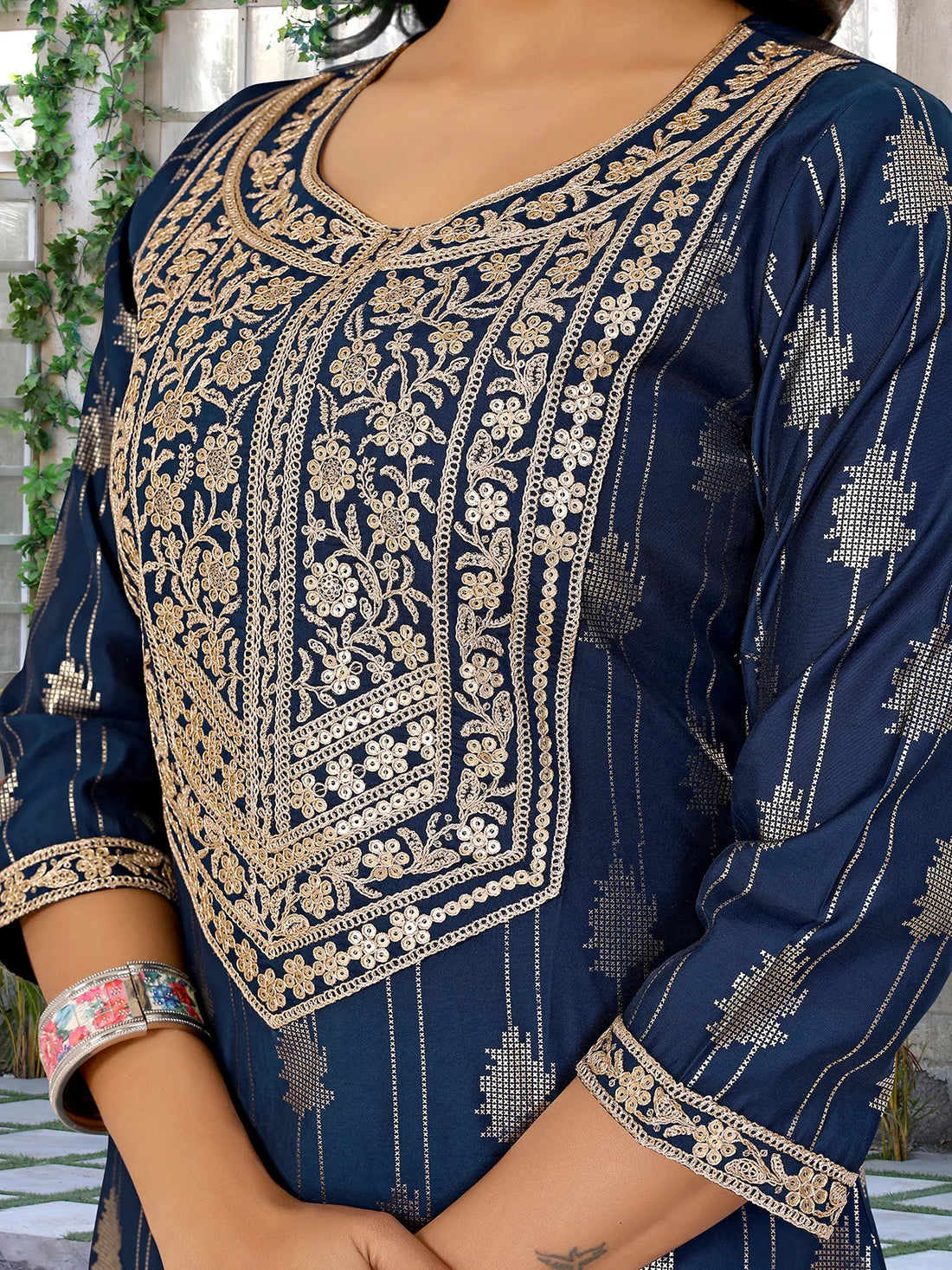 Buy Viscose Blend Embroidered A-line Calf Length Kurta-Navy Blue