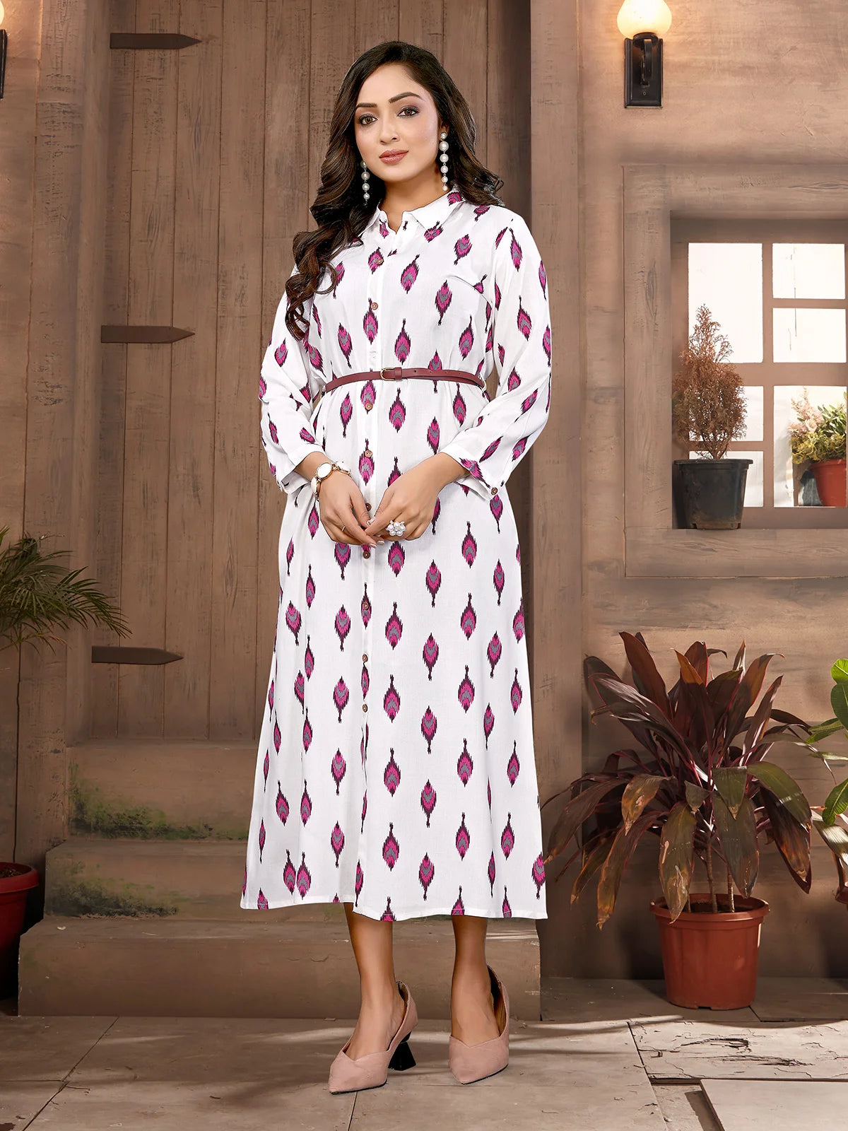 Buy Rayon Printed Shirt Style Calf Length Dress-White