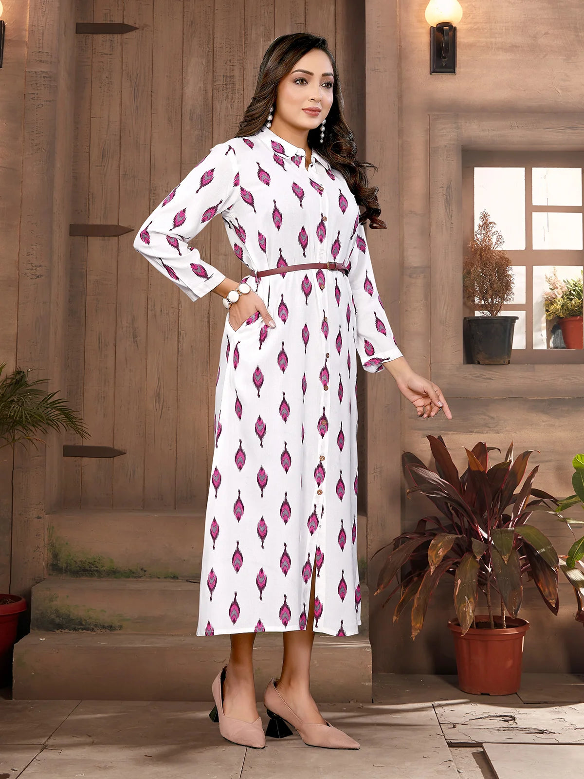 Buy Rayon Printed Shirt Style Calf Length Dress-White