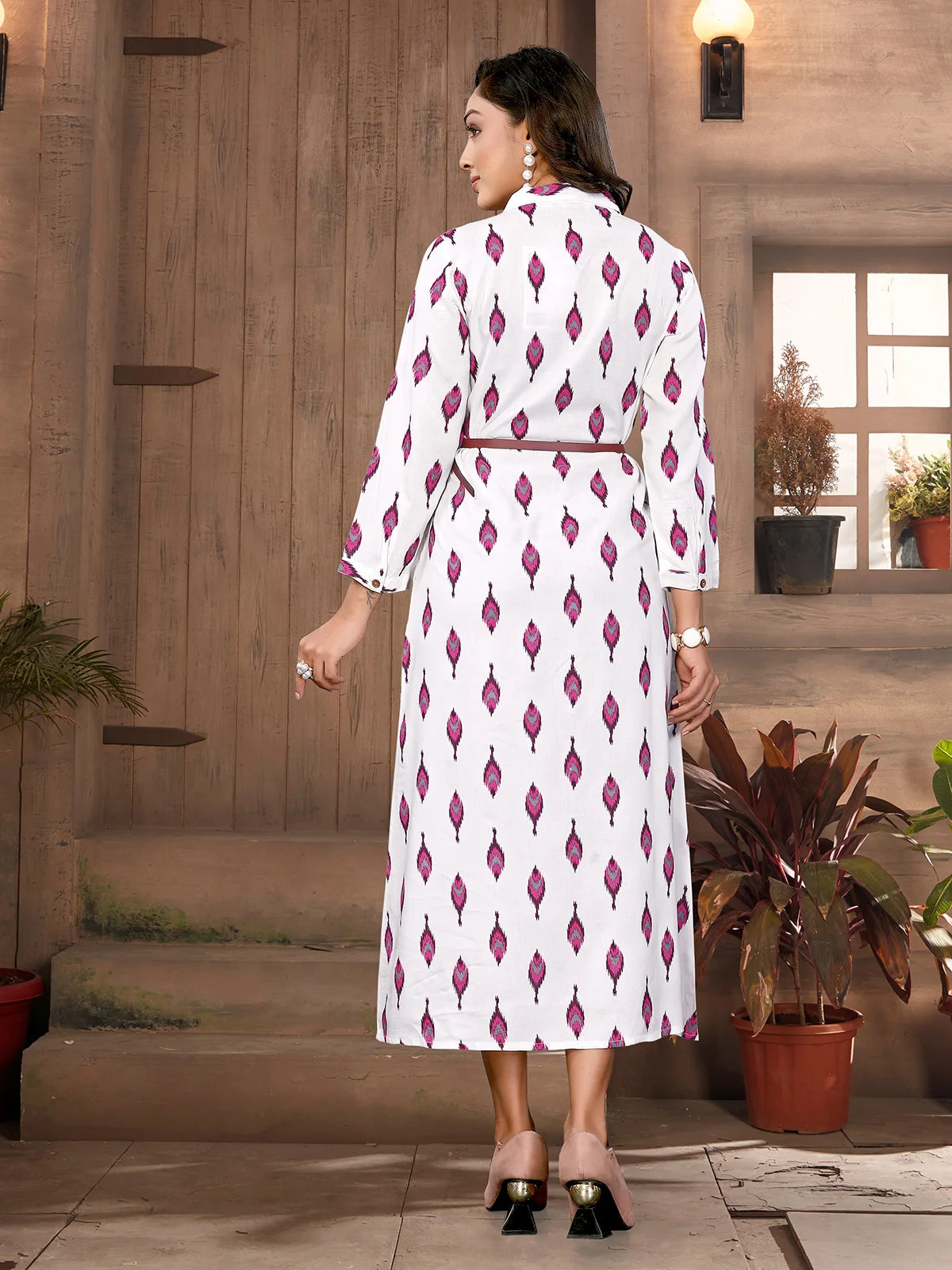 Buy Rayon Printed Shirt Style Calf Length Dress-White