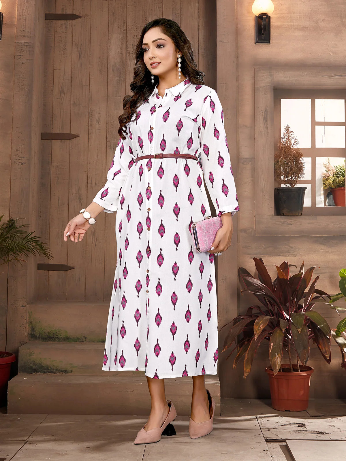 Buy Rayon Printed Shirt Style Calf Length Dress-White