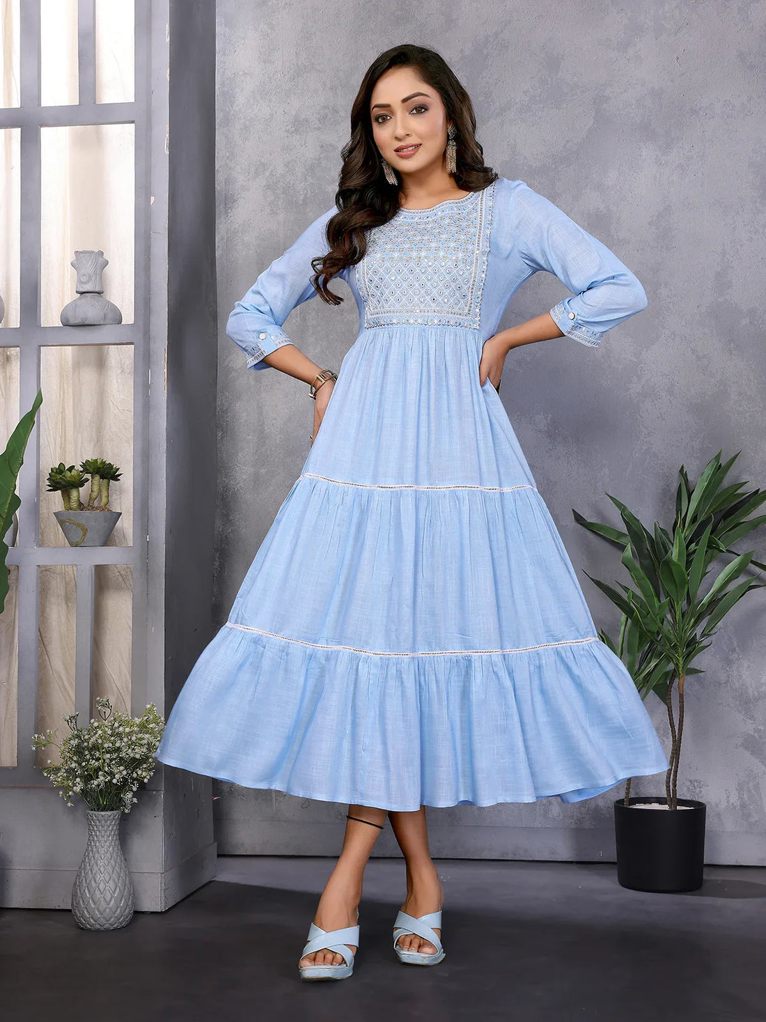 Buy Rayon Embroidered Tiered Flared Calf Length Dress-Light Blue