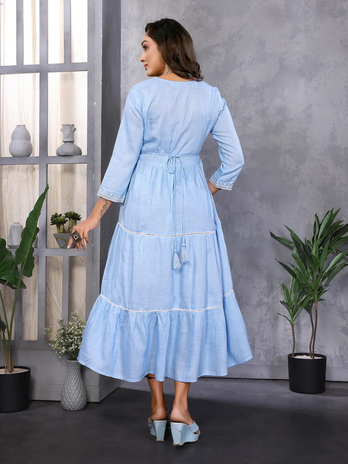 Rayon Embroidered Tiered Flared Calf Length Dress Rangita Rayon Embroidered Tiered Flared Calf Length Dress Rangita