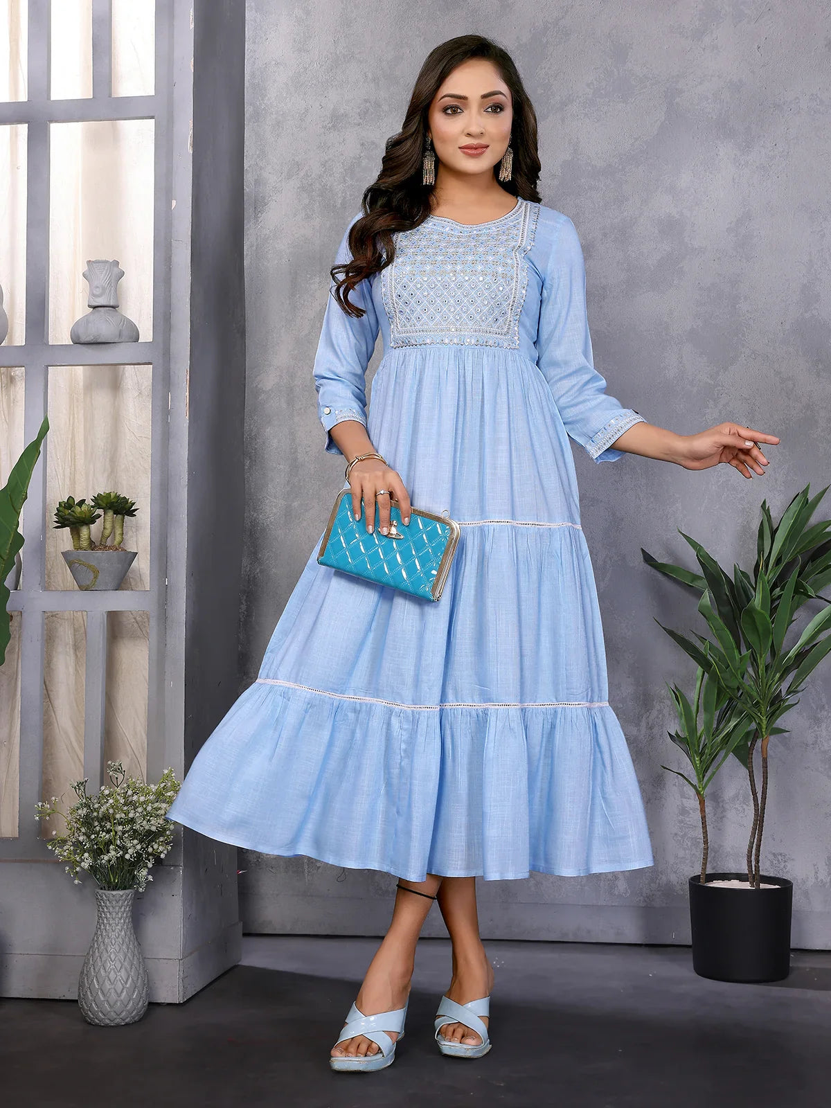 Rayon Embroidered Tiered Flared Calf Length Dress Rangita Rayon Embroidered Tiered Flared Calf Length Dress Rangita