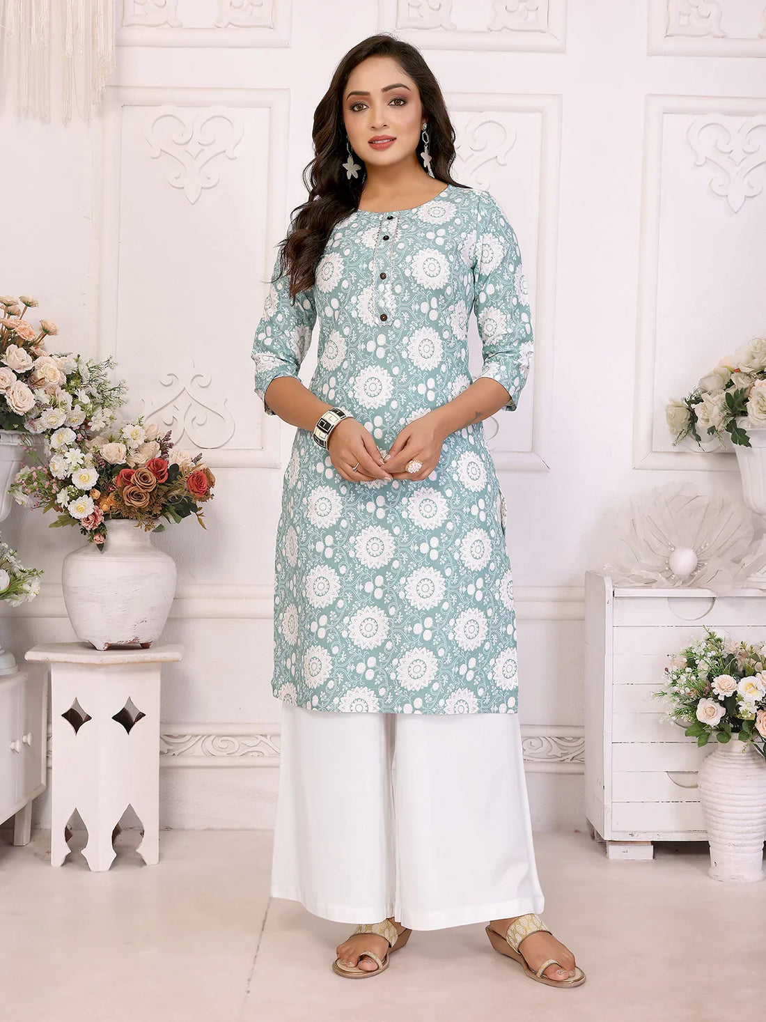 Buy Rayon Printed Straight Knee Length Kurta-Sea Green