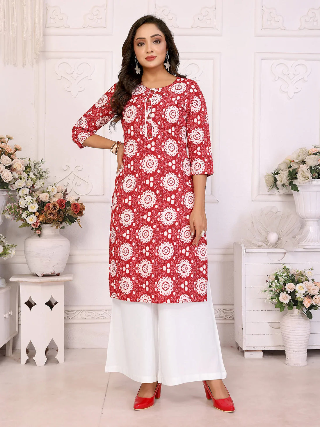 Buy Rayon Printed Straight Knee Length Kurta-Maroon