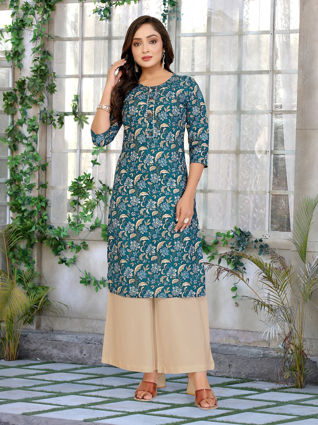 Buy Cotton Printed Straight Knee Length Kurta-Teal