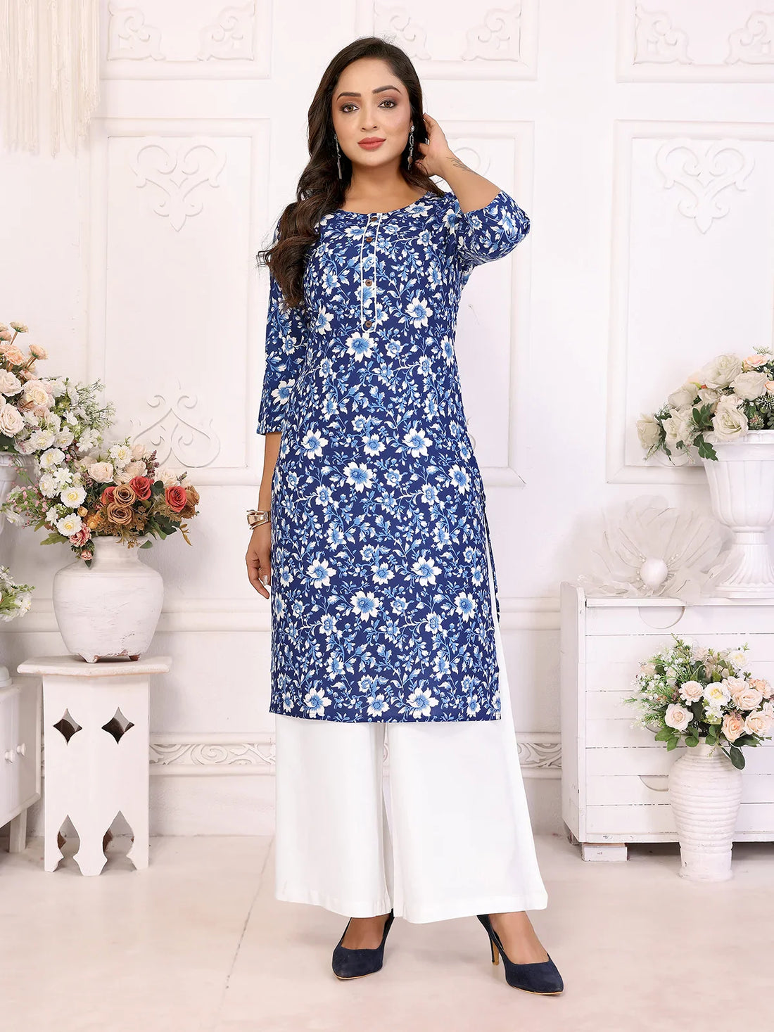 Buy Cotton Printed Straight Knee Length Kurta-Blue