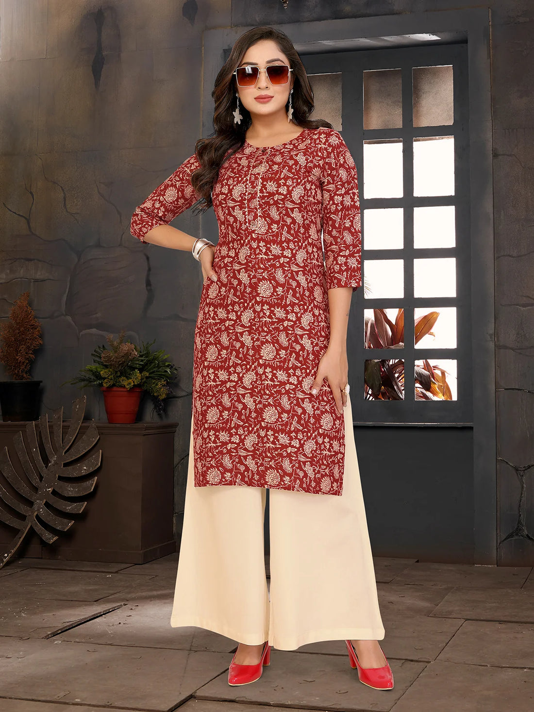 Buy Rayon Printed Straight Knee Length Kurta-Maroon