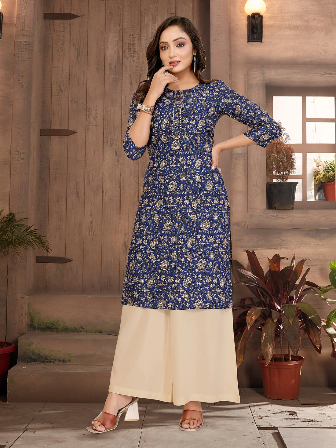 Buy Rayon Printed Straight Knee Length Kurta-Blue