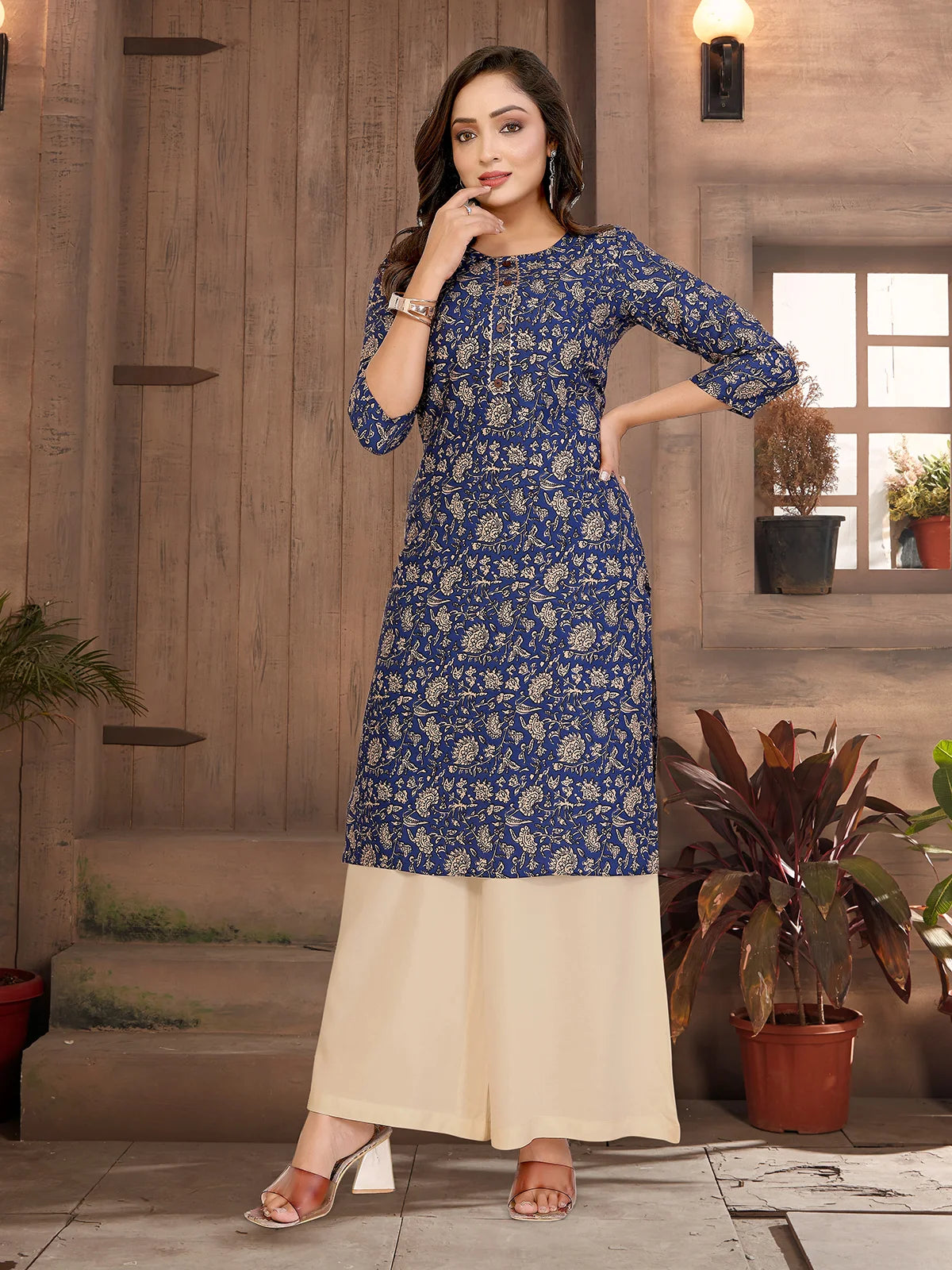 Buy Rayon Printed Straight Knee Length Kurta-Blue