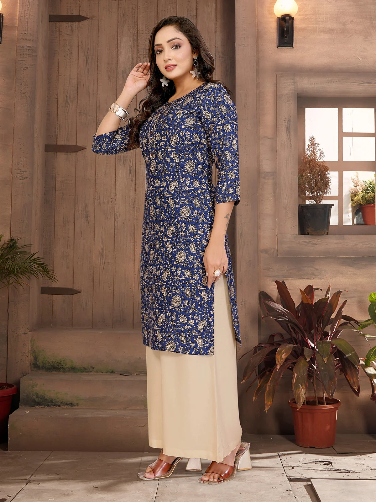 Buy Rayon Printed Straight Knee Length Kurta-Blue
