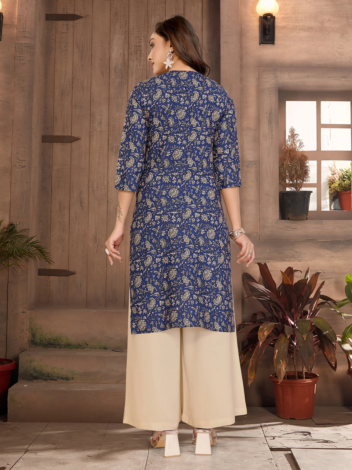 Buy Rayon Printed Straight Knee Length Kurta-Blue
