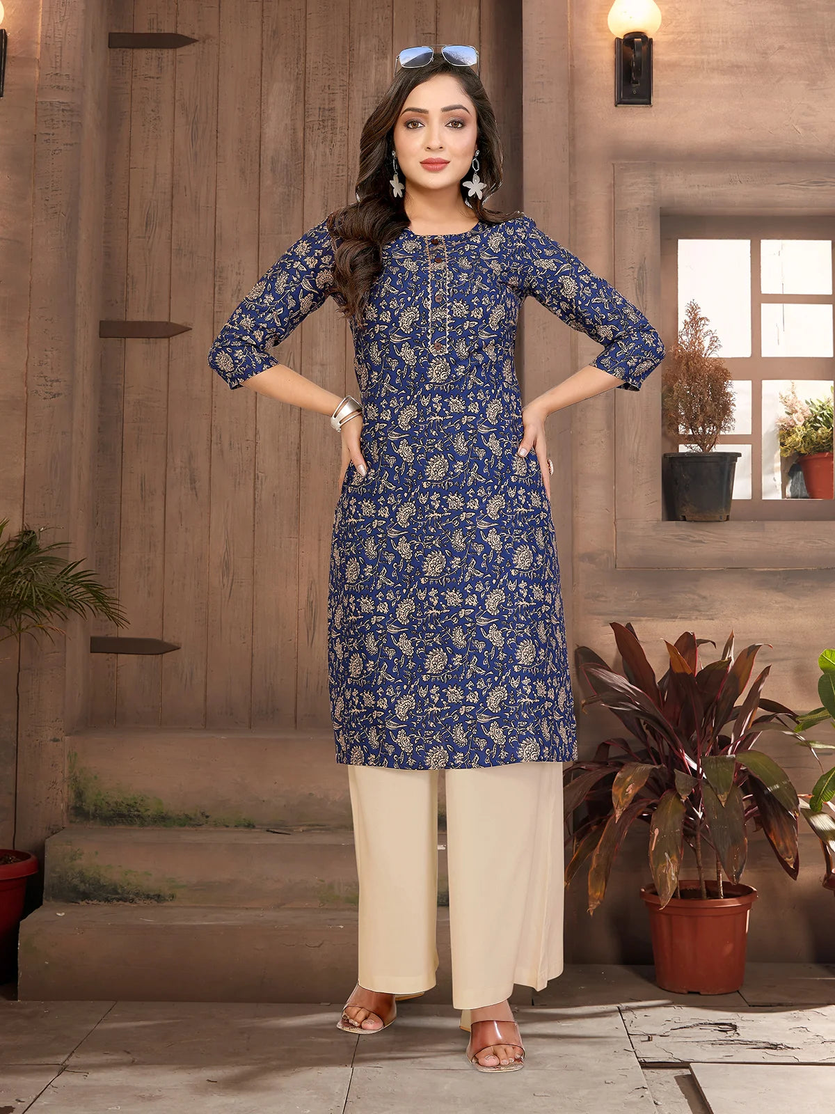 Buy Rayon Printed Straight Knee Length Kurta-Blue