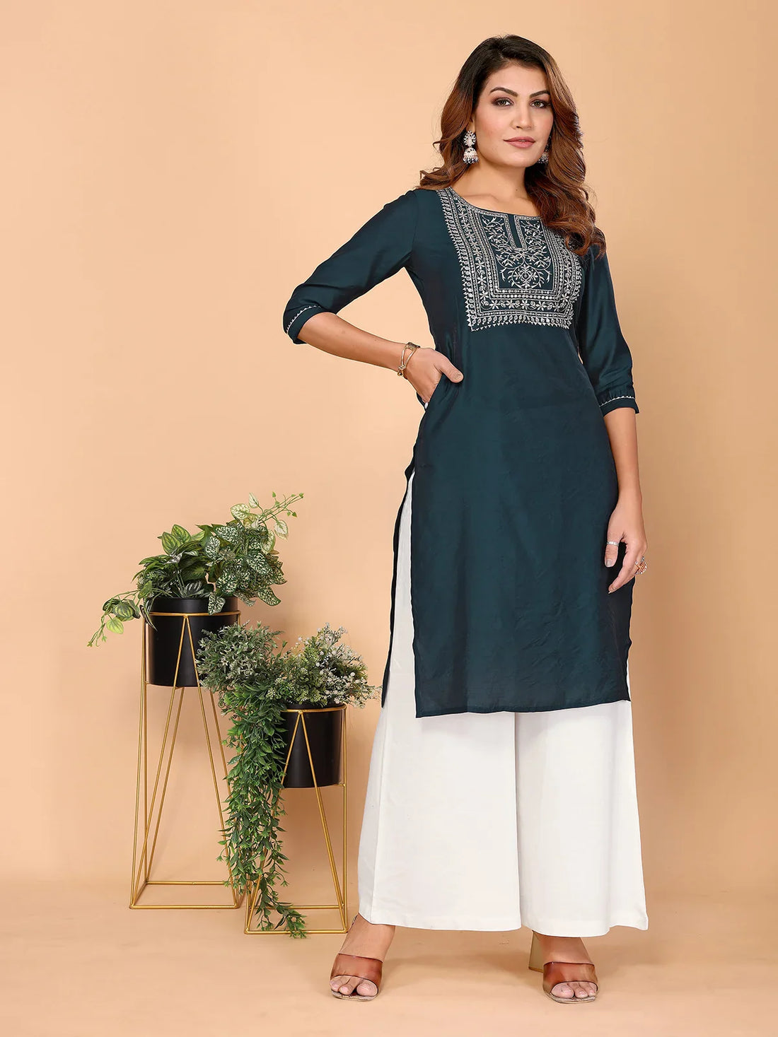 Buy Viscose Poly Embroidered Straight Calf Length Kurta-Teal
